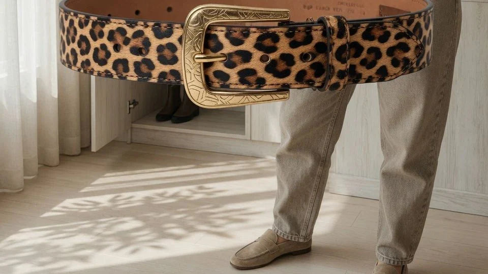 Woman styling a leopard print belt with neutral jeans and a simple shirt