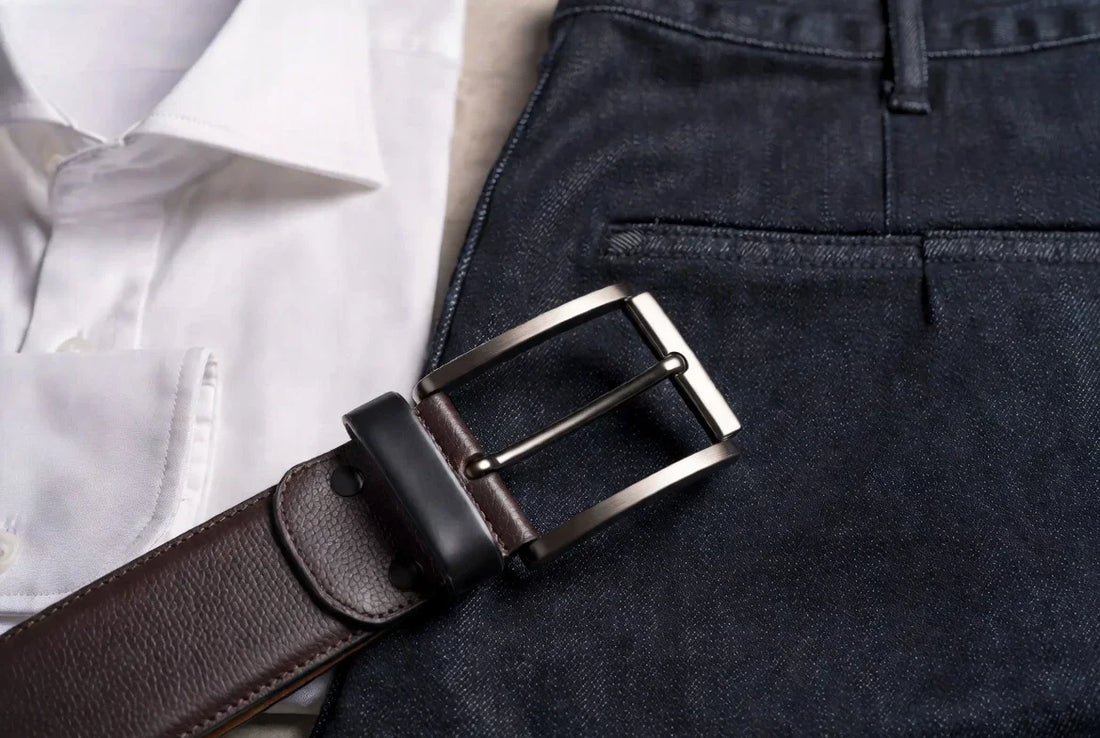 Men's leather belts styled with tailored trousers and denim for a male belting fit guide