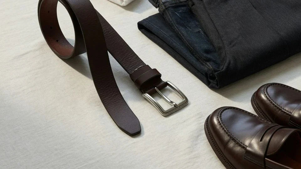 Men's leather belt styled with denim and tailored trousers for a belt fit and proportion guide