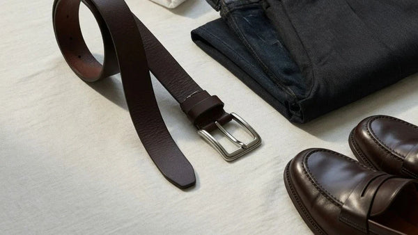 Men's leather belt styled with denim and tailored trousers for a belt fit and proportion guide