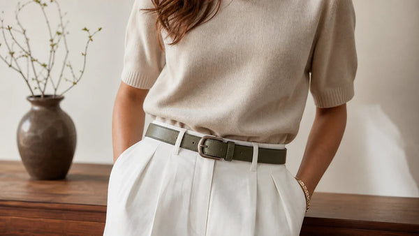 Woman styling a muted olive green belt with neutral trousers to judge outfit balance