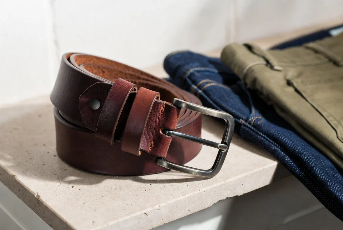 Leather ranger belt styled with denim and tailored basics for a fit and buying guide