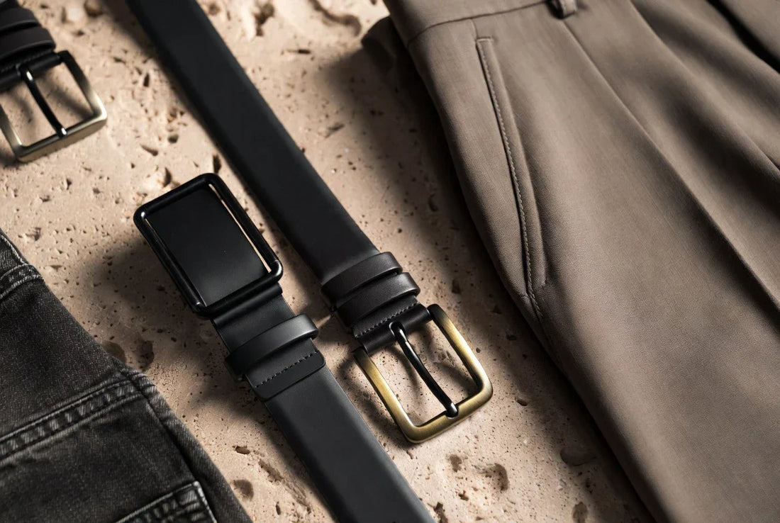 Ratchet belt and classic leather belt styled with tailored trousers and denim for a practical fit comparison