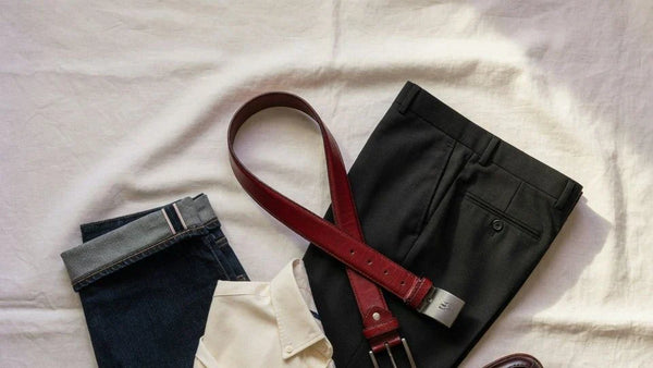 Editorial flat lay of a red leather belt with tailored trousers and denim for a styling diagnostic guide