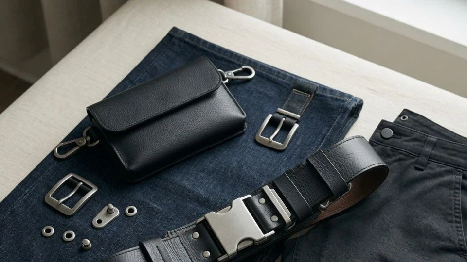 Utility-inspired leather belt styled with denim and tailored trousers in an editorial wardrobe scene