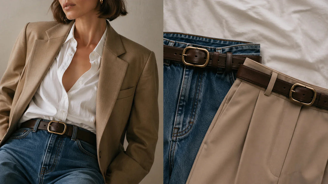Woman styling a vintage-inspired belt buckle with jeans and tailored trousers to compare outfit balance