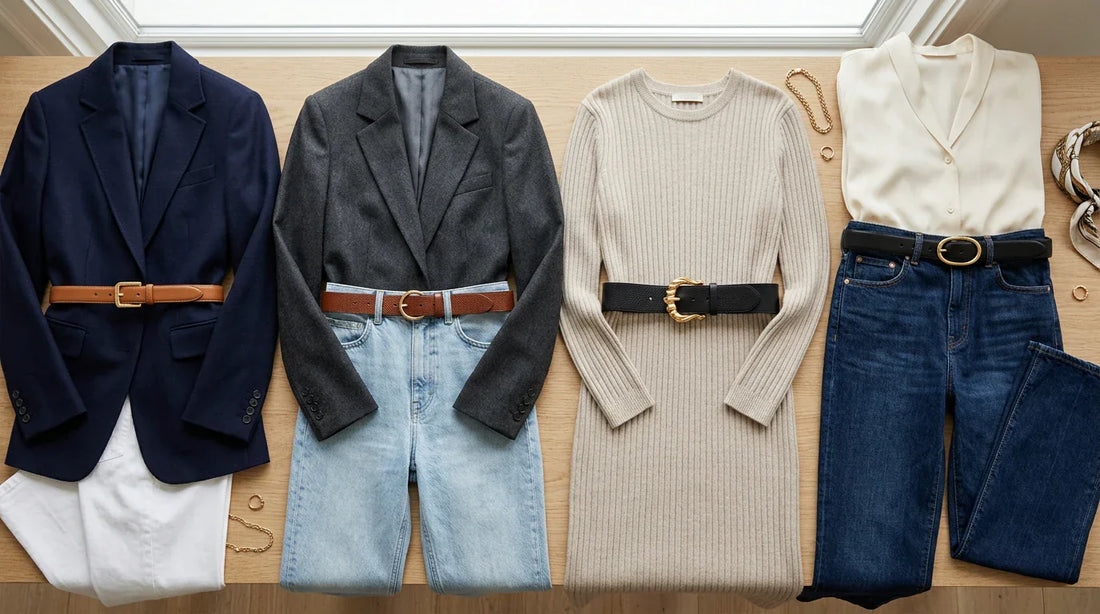 Women’s waist belts styled with tailored and casual wardrobe pieces for a waist belt guide