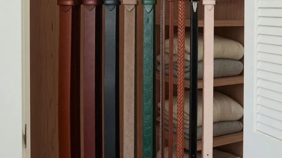 Women's belts arranged neatly on a belt hanger by width and style inside a closet