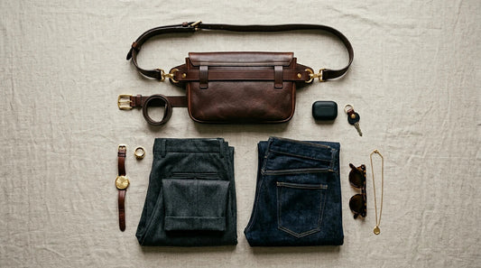 Belt bag styled beside a slim leather belt for a guide explaining what a belt bag is