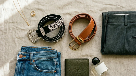 Rhinestone belt styled beside a clean leather belt for a guide explaining what a rhinestone belt is