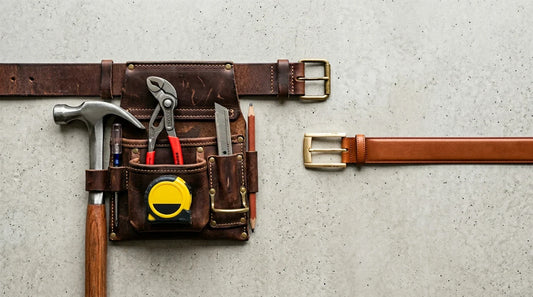 Tool belt with pouches and tools placed beside a leather belt for comparison