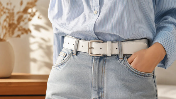 Women's white belt styled with light denim trousers and a tucked shirt in a clean editorial outfit