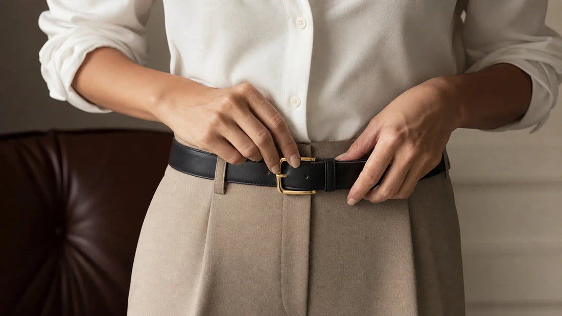Woman fastening a leather belt through trouser loops with a polished buckle