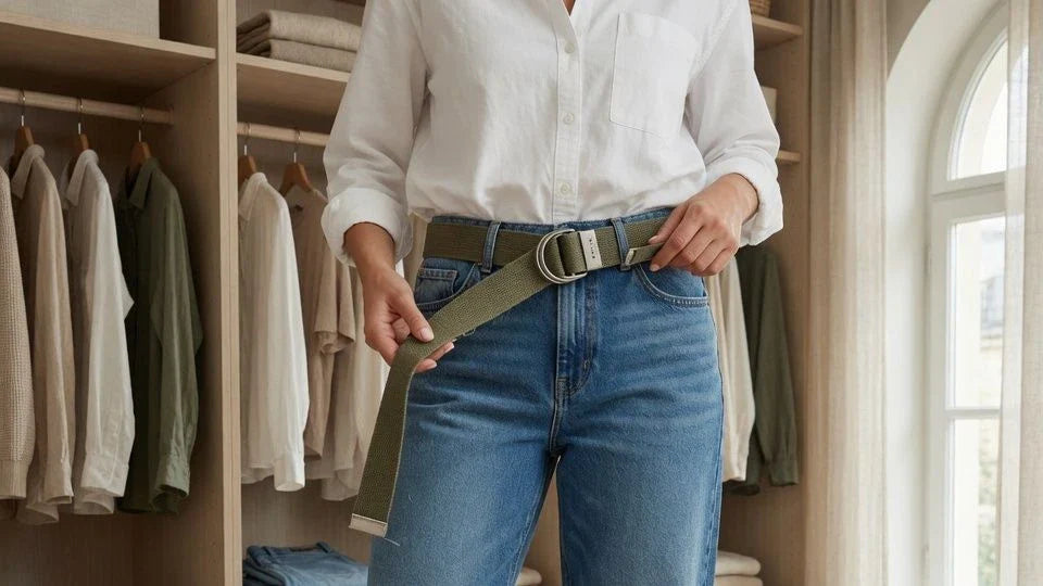 Woman wearing a casual cotton belt with jeans in a relaxed everyday outfit