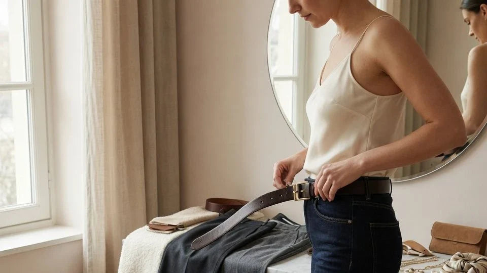Woman checking belt fit at the waist with jeans and trousers in an editorial wardrobe setting