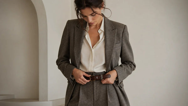 Woman fastening a leather belt at the center hole with a balanced tail length