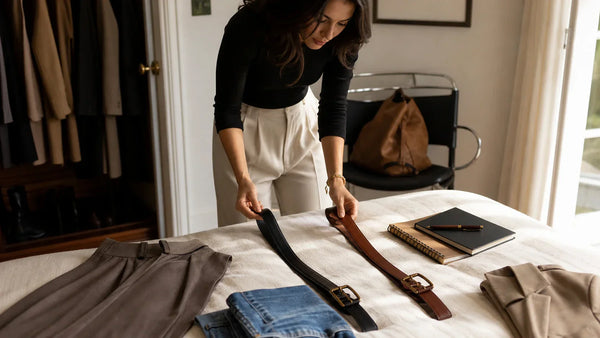 Woman comparing belt options with denim and tailored trousers during a wardrobe decision