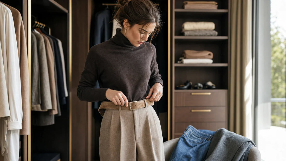 Woman comparing a suede belt with different outfits in a wardrobe setting