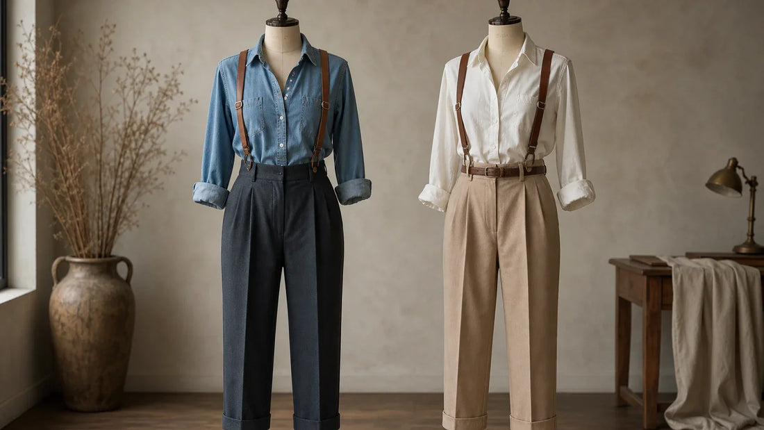 Women's outfits comparing suspenders alone versus suspenders with a slim belt for proportion and wardrobe balance