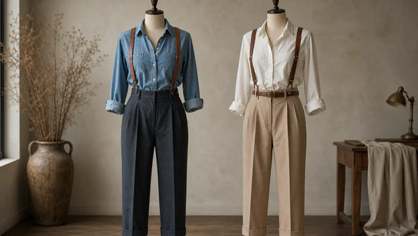 Women's outfits comparing suspenders alone versus suspenders with a slim belt for proportion and wardrobe balance