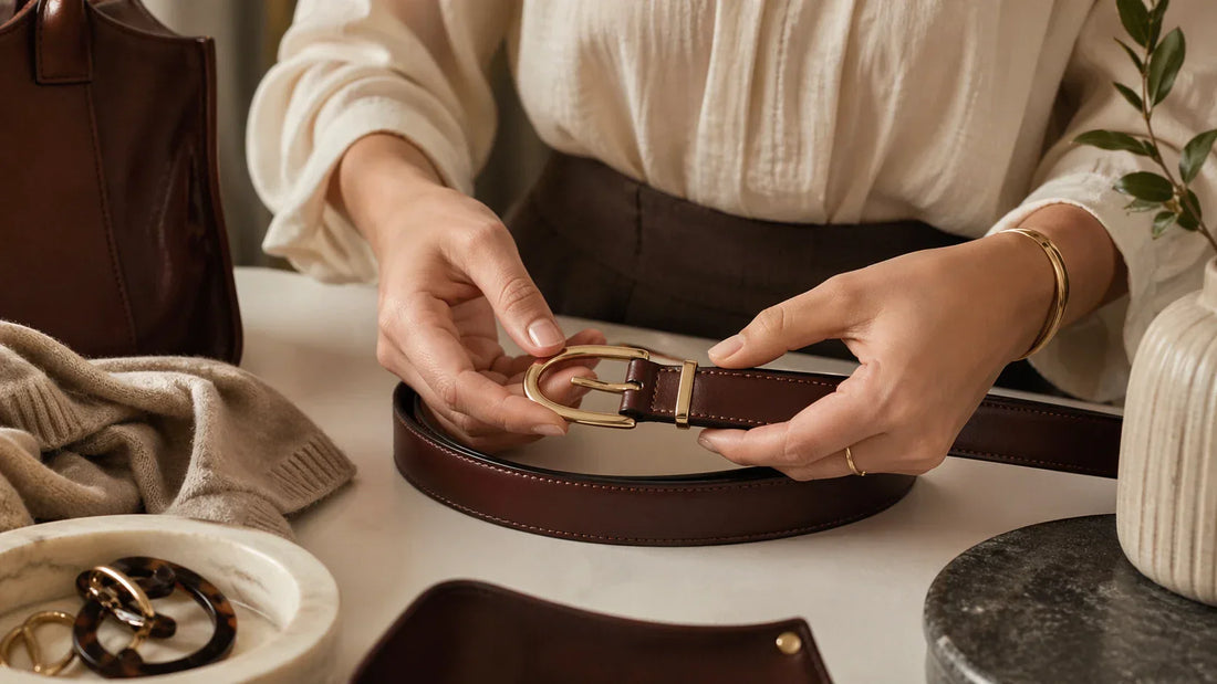 Hands attaching a polished buckle to a women's leather belt in an editorial wardrobe setting