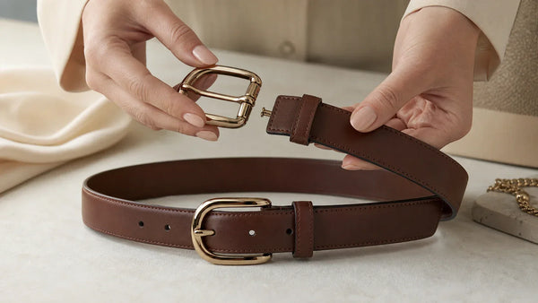 Hands attaching a women's belt buckle to a leather belt with the front view of the finished setup visible