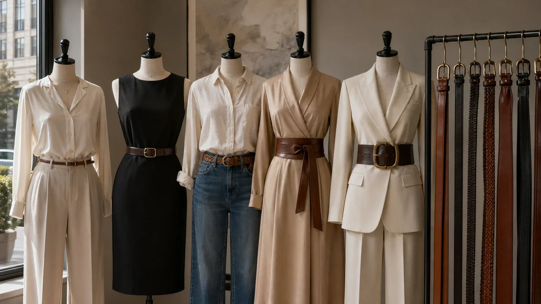 Women's belt categories shown side by side with different widths, buckles, and outfit uses
