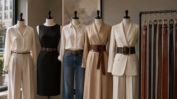 Women's belt categories shown side by side with different widths, buckles, and outfit uses