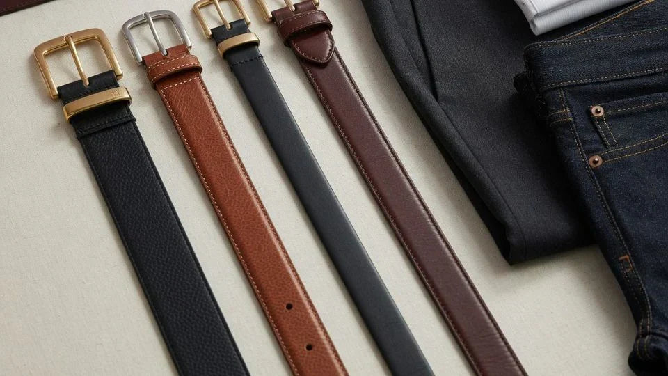 Editorial flat lay of belts for women with tailored trousers and denim for a fit and proportion guide