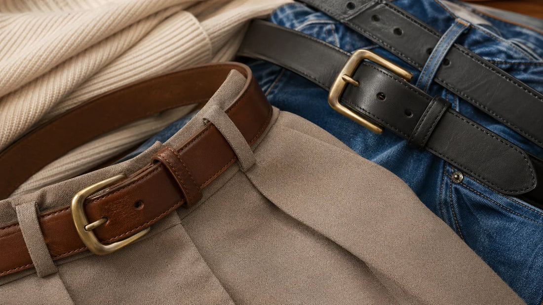 Women's leather belt buckle shown with smooth and textured leather finishes for material and width comparison
