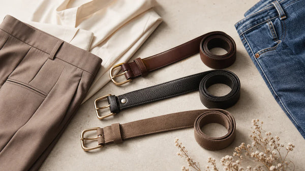 Women's leather belts in different finishes styled with trousers and denim to show material differences