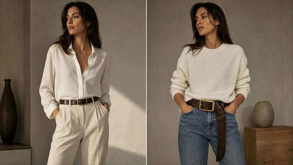 Woman comparing a balanced medium-width belt with an overly heavy men's belt in tailored outfits