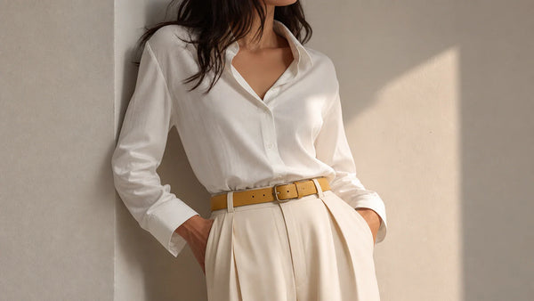 Woman styling a muted yellow belt with neutral clothing to show balanced contrast and waist definition