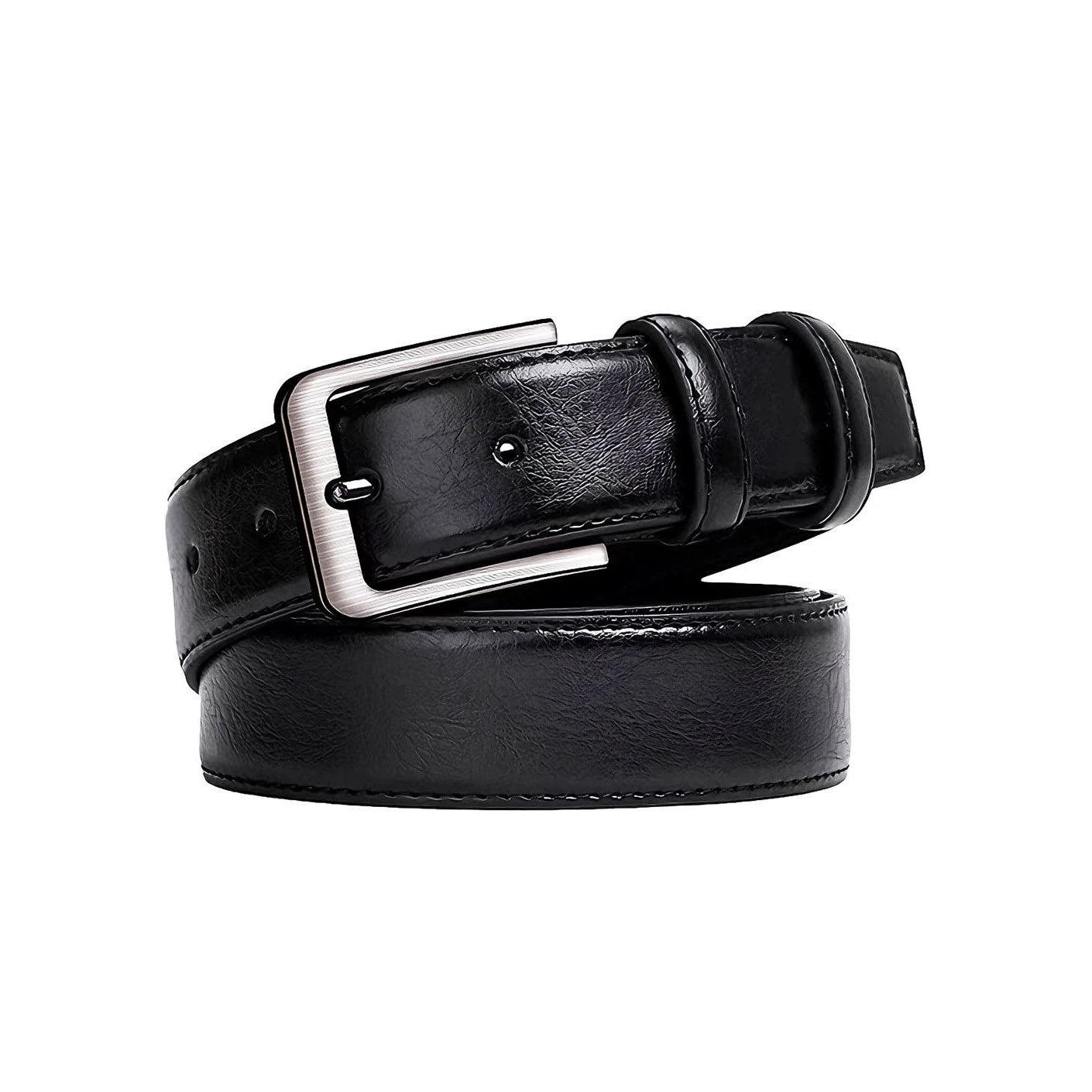 Black classic dress belt with square buckle in size 38 in on a white background