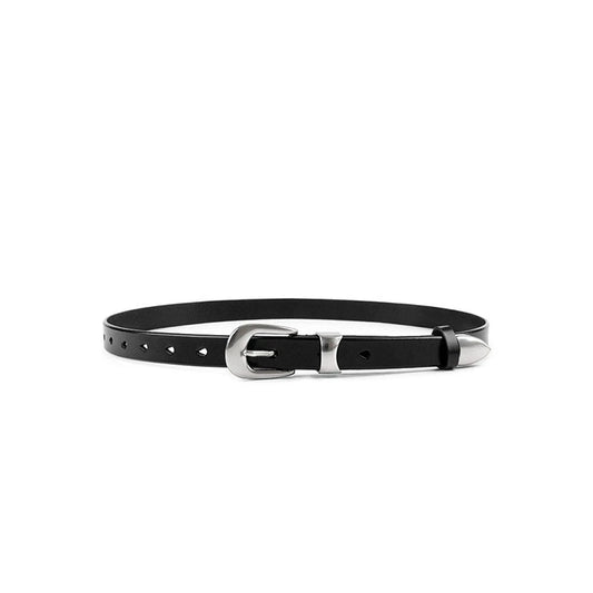 Black slim casual belt with silver buckle, metal keeper, and pointed tip on a white background