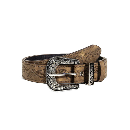 Floral embossed casual belt with engraved buckle on a white background