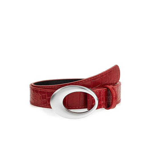 Red croc-embossed casual belt with oval buckle on a white background