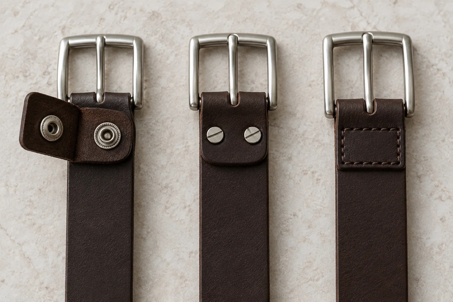 Snap, screw, and fixed belt buckle attachment types on leather straps