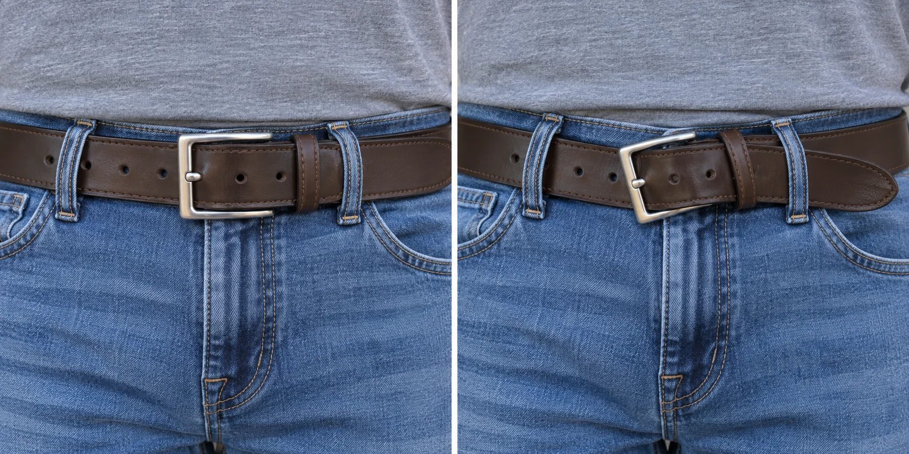 Correct and incorrect ways a prong belt buckle sits on a leather belt
