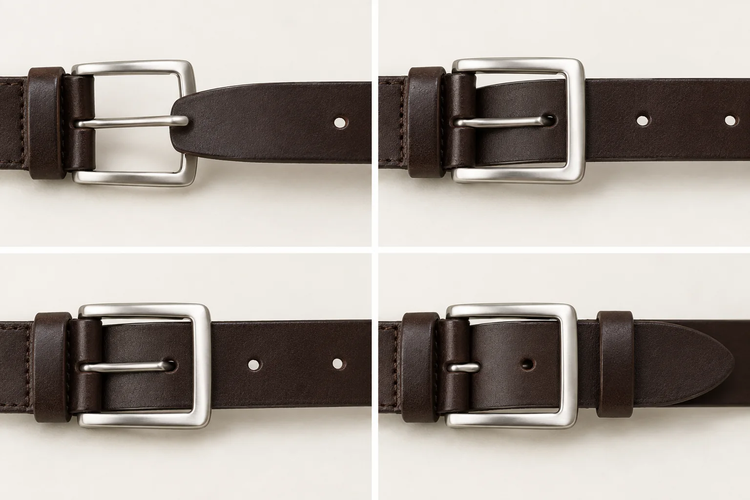 Four stages of fastening a classic prong belt buckle