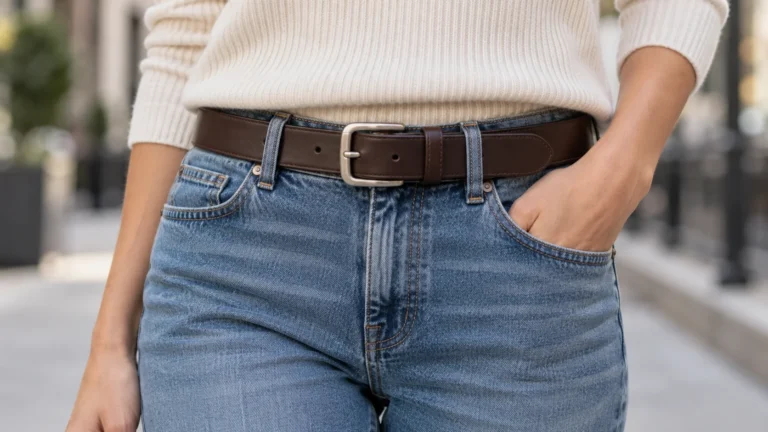 A classic prong belt buckle fastened on a brown leather belt with jeans