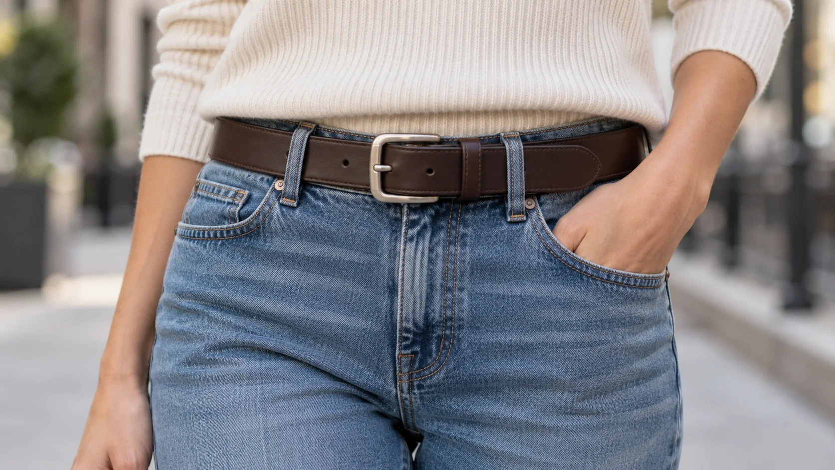 A classic prong belt buckle fastened on a brown leather belt with jeans