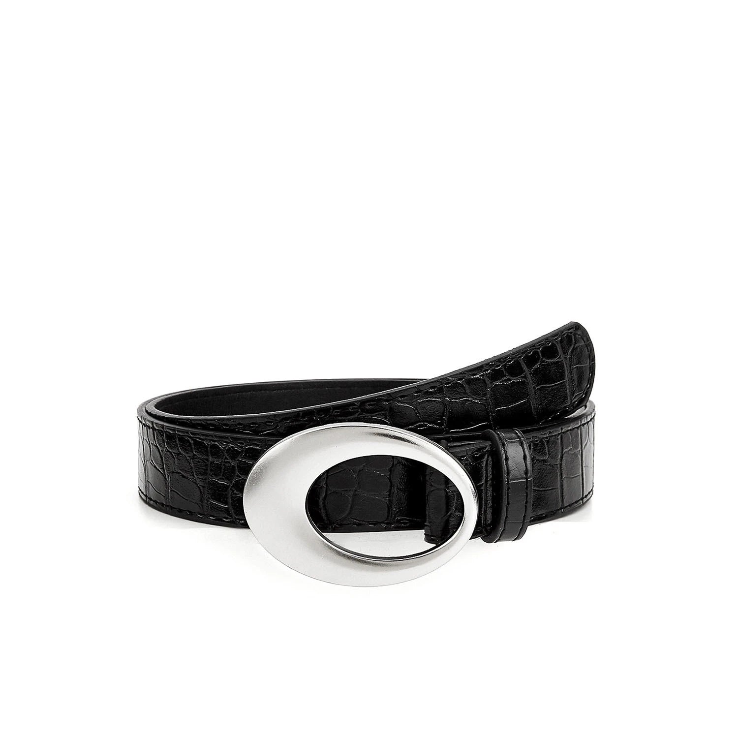 Black croc-embossed casual belt with oval buckle on a white background
