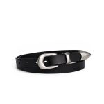 Angled product view of a black slim casual belt with silver buckle and narrow strap