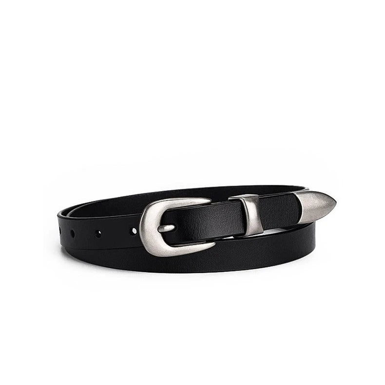 Angled product view of a black slim casual belt with silver buckle and narrow strap