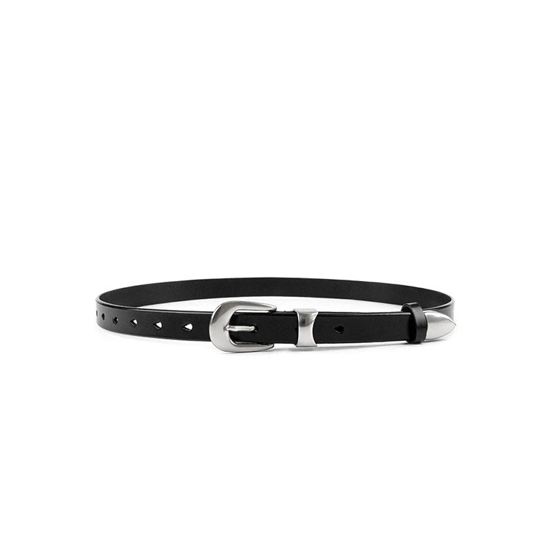 Black slim casual belt with silver buckle, metal keeper, and pointed tip on a white background