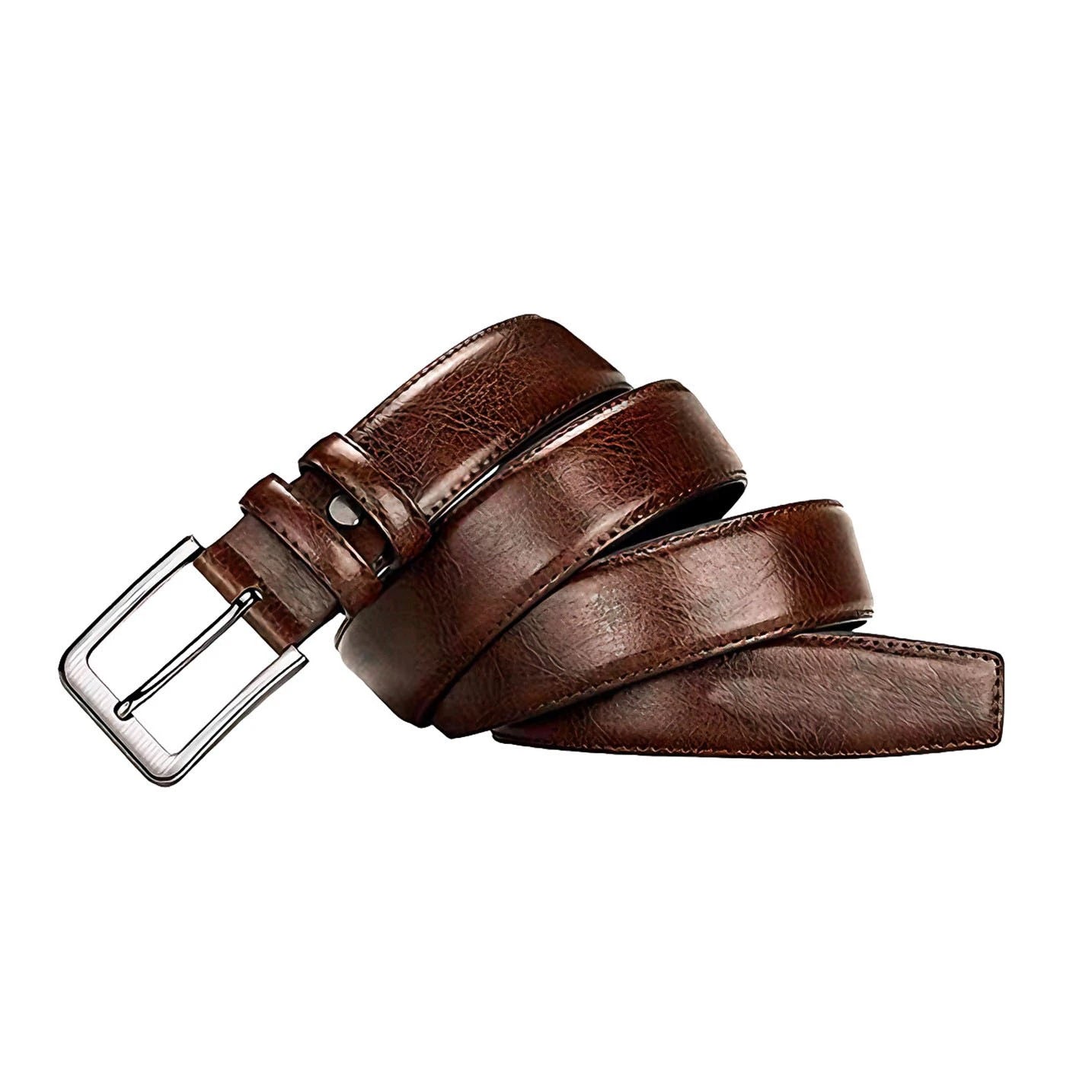 Angled view of a brown classic dress belt with square buckle on a white background