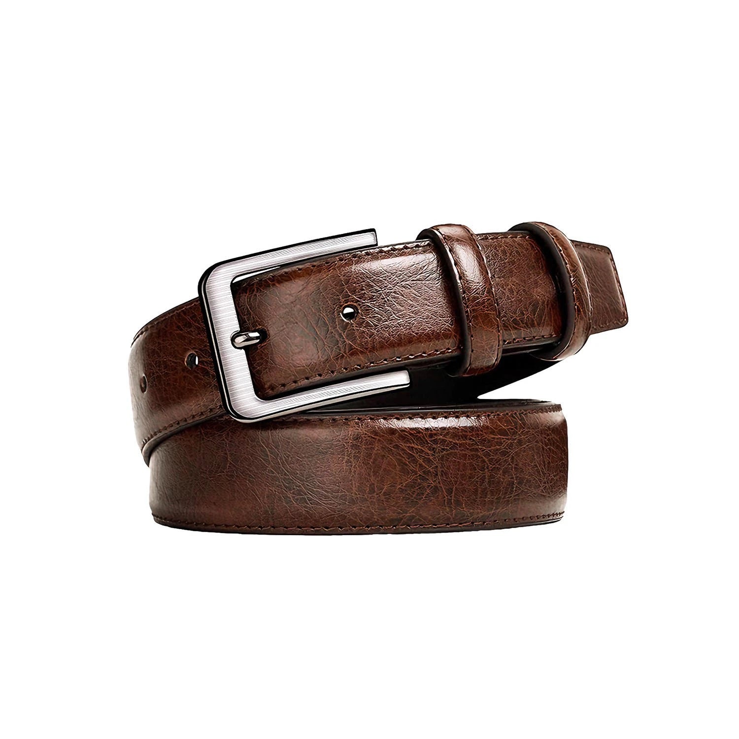 Brown classic dress belt with square buckle in size 34 in on a white background