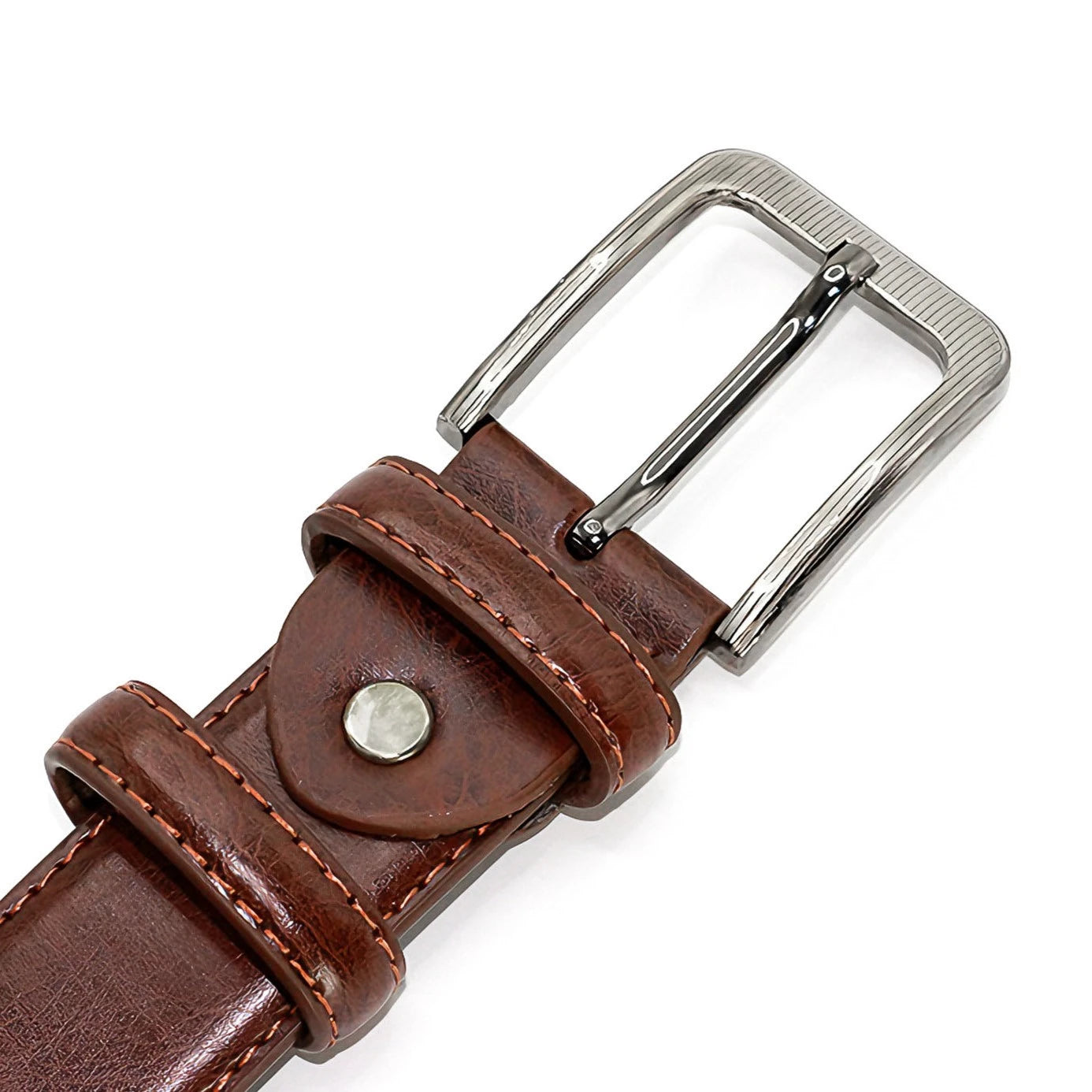 Close-up of the square buckle and stitched strap on a brown classic dress belt