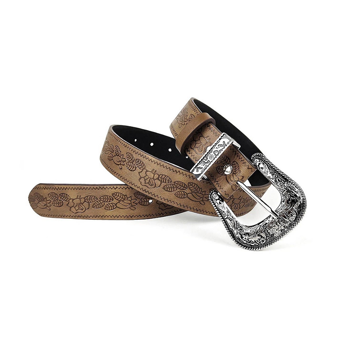 Angled view of a floral embossed casual belt with engraved buckle on a white background